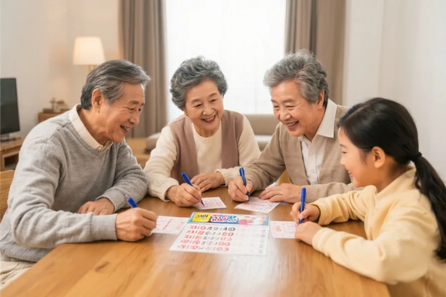 三代家庭成员围坐在餐桌旁，分享属于自己的幸运数字并填写双色球彩票，气氛温馨愉快